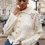 Nobody's Child Crochet Knit Button Up Cardigan in Cream