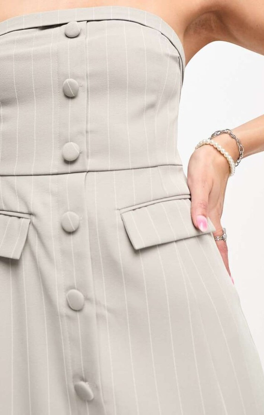 Noisy May Tailored Button Down Mini Dress In Grey Pinstripe – dresses by Noisy May, available to rent from Hirestreet