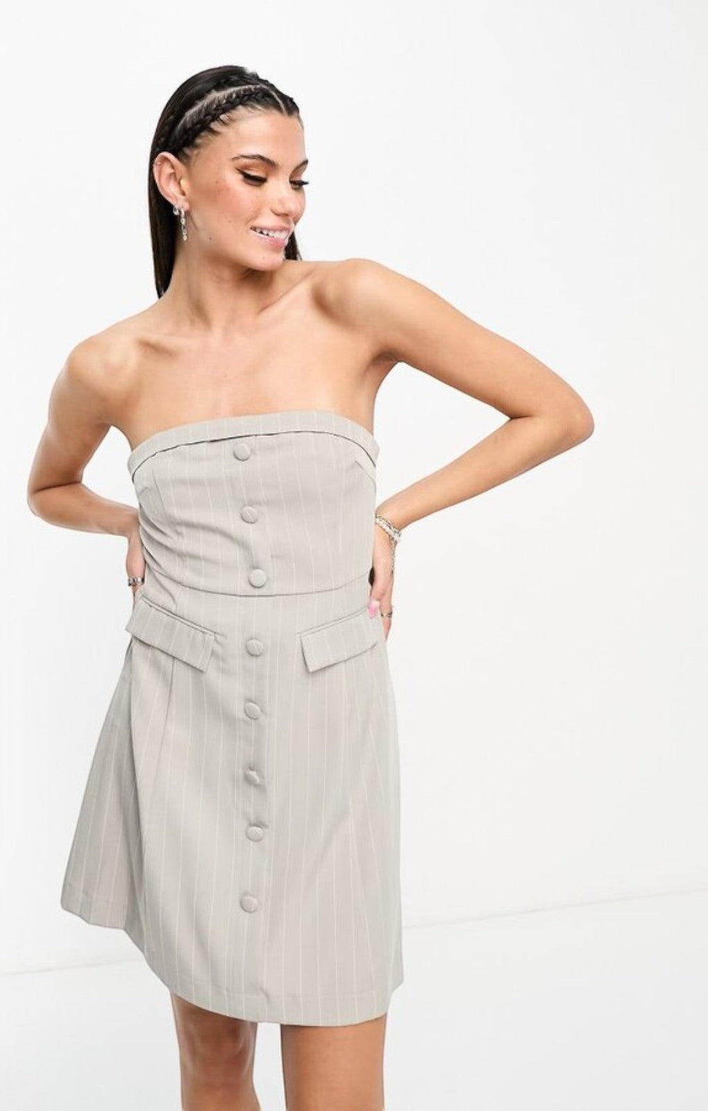 Noisy May Tailored Button Down Mini Dress In Grey Pinstripe – dresses by Noisy May, available to rent from Hirestreet