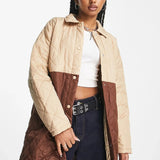 Noisy May Colour Block Quilted Coat In Beige & Brown