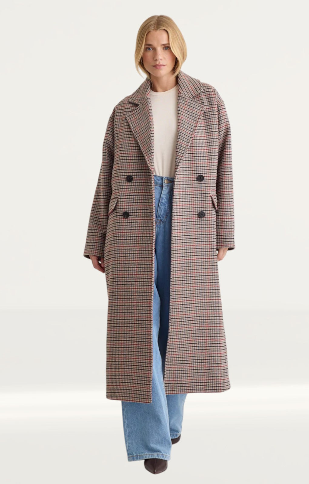 Nobody's Child Oversized Heritage Check Double Breasted Wool Blend Coat