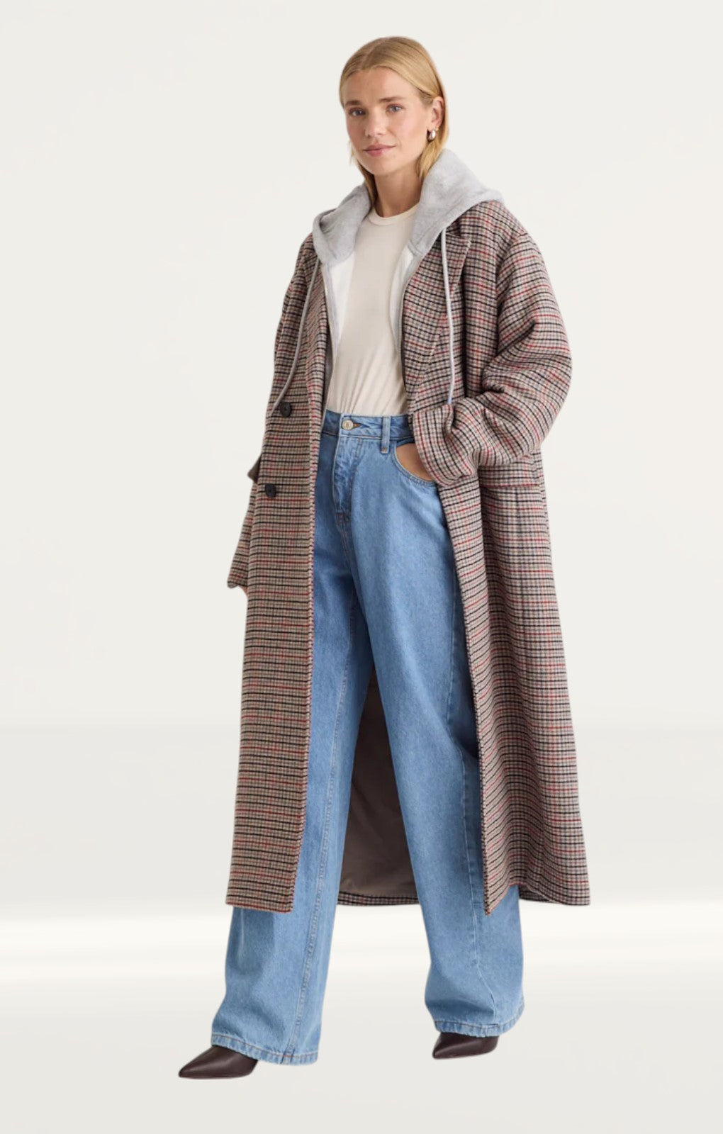 Nobody's Child Oversized Heritage Check Double Breasted Wool Blend Coat