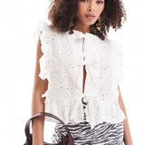 Object Tie Front Frill Blouse in Off White