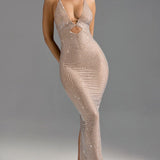 Oh Polly Akiko Embellished Cut-Out Maxi Dress in Almond