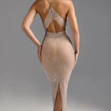 Oh Polly Akiko Embellished Cut-Out Maxi Dress in Almond