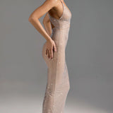 Oh Polly Akiko Embellished Cut-Out Maxi Dress in Almond