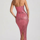 Oh Polly Amaya Embellished Bandeau Maxi Dress in Watermelon