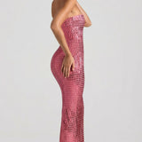 Oh Polly Amaya Embellished Bandeau Maxi Dress in Watermelon
