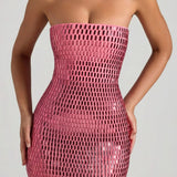 Oh Polly Amaya Embellished Bandeau Maxi Dress in Watermelon