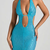Oh Polly Amberly Embellished Cut-Out Halterneck Maxi Dress in Aqua Blue