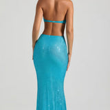 Oh Polly Amberly Embellished Cut-Out Halterneck Maxi Dress in Aqua Blue