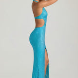 Oh Polly Amberly Embellished Cut-Out Halterneck Maxi Dress in Aqua Blue