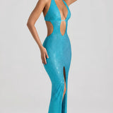 Oh Polly Amberly Embellished Cut-Out Halterneck Maxi Dress in Aqua Blue