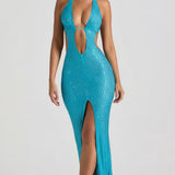 Oh Polly Amberly Embellished Cut-Out Halterneck Maxi Dress in Aqua Blue