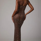Oh Polly Antonella Sheer Embellished Scoop Neck Evening Gown in Mocha