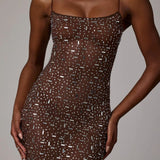 Oh Polly Antonella Sheer Embellished Scoop Neck Evening Gown in Mocha