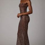 Oh Polly Antonella Sheer Embellished Scoop Neck Evening Gown in Mocha