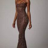 Oh Polly Antonella Sheer Embellished Scoop Neck Evening Gown in Mocha