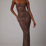Oh Polly Antonella Sheer Embellished Scoop Neck Evening Gown in Mocha