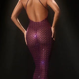 Oh Polly Audrey Embellished Halterneck Gown in Deep Purple