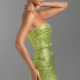 Oh Polly Aurora Embellished Bandeau Mini Dress in Pear Green