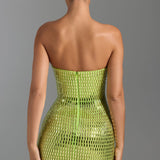 Oh Polly Aurora Embellished Bandeau Mini Dress in Pear Green