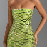 Oh Polly Aurora Embellished Bandeau Mini Dress in Pear Green