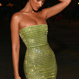 Oh Polly Aurora Embellished Bandeau Mini Dress in Pear Green