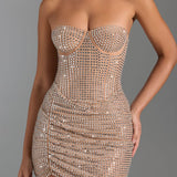 Oh Polly Azelie Embellished Draped Corset Mini Dress in Honey