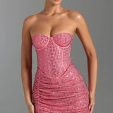 Oh Polly Azelie Embellished Draped Corset Mini Dress in Watermelon