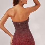 Oh Polly Basel Embellished Strapless Mini Dress in Red/Brown Ombré