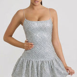 Oh Polly Callie Embellished Bubble Hem Mini Dress in Silver