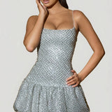 Oh Polly Callie Embellished Bubble Hem Mini Dress in Silver
