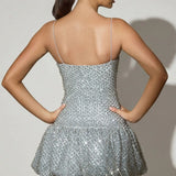 Oh Polly Callie Embellished Bubble Hem Mini Dress in Silver