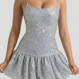 Oh Polly Callie Embellished Bubble Hem Mini Dress in Silver