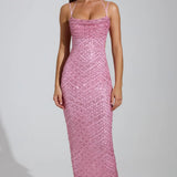 Oh Polly Constance Embellished Cowl-Neck Maxi Dress in Pink
