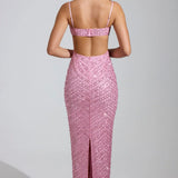 Oh Polly Constance Embellished Cowl-Neck Maxi Dress in Pink