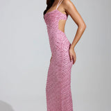 Oh Polly Constance Embellished Cowl-Neck Maxi Dress in Pink
