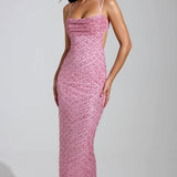 Oh Polly Constance Embellished Cowl-Neck Maxi Dress in Pink
