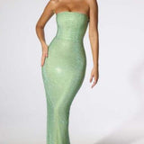 Oh Polly Daleyza Embellished Strapless Evening Gown in Sage Green
