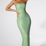 Oh Polly Daleyza Embellished Strapless Evening Gown in Sage Green