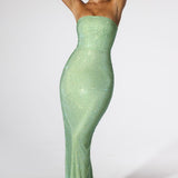 Oh Polly Daleyza Embellished Strapless Evening Gown in Sage Green