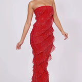 Oh Polly Dulce Embellished Strapless Ruffle Maxi Dress in Fire Red