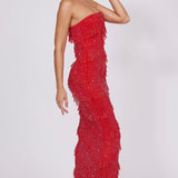 Oh Polly Dulce Embellished Strapless Ruffle Maxi Dress in Fire Red