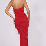 Oh Polly Dulce Embellished Strapless Ruffle Maxi Dress in Fire Red