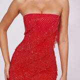 Oh Polly Dulce Embellished Strapless Ruffle Maxi Dress in Fire Red