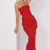 Oh Polly Dulce Embellished Strapless Ruffle Maxi Dress in Fire Red