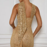 Oh Polly Embellished Caira Cut-Out Halterneck Dress in Almond