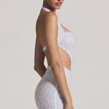 Oh Polly Embellished Cut-Out Halterneck Mini Dress in White