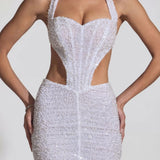Oh Polly Embellished Cut-Out Halterneck Mini Dress in White